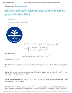 Đề chọn đội tuyển Olympic toán sinh viên Đại học sư phạm Hà nội năm 2013